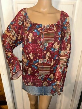 Y2K Boho Floral Patchwork Burgundy Peasant Top